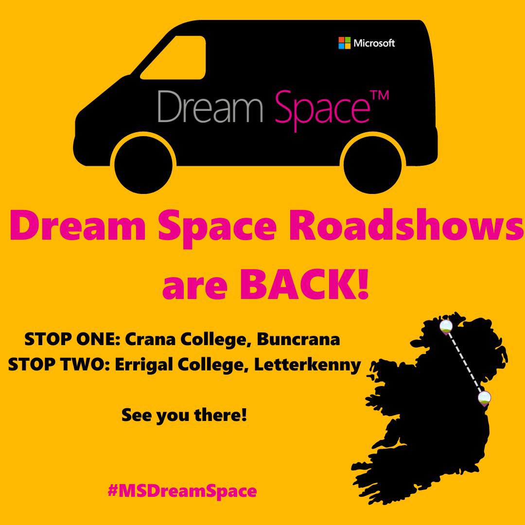 cranacollege's tweet photo. 📢👩‍💻🚚
Delighted and excited to announce that Microsoft #Microsoft #DreamSpace team will be visiting Crana College on Monday to carry out workshops in #STEM. 👩🏾‍💻🧑🏼‍💻

#WeAreDonegalETB #STEM  #respect #excellenceineducation #equality #cranacollege #care #community https://t.co/HOX9E2OWCg