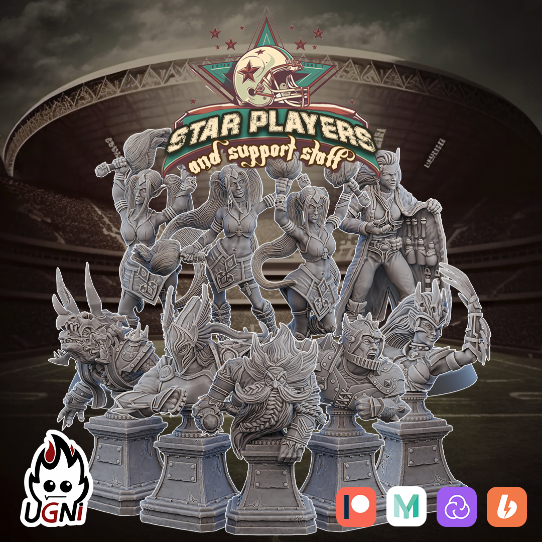 UGNI_Miniatures's tweet photo. The final part of January's support team:

✅ Dark Elf Team Cheerleaders x3
✅ Dark Elf Apothecary
✅ Bust Bromindal
✅ Bust High Elves Blitzer
✅ Bust Human Blitzer
✅ Bust Broxxana
✅ Bust Lizardmen Croxigor

#bloodbowl #gamesworkshop #warhammer  #tabletop #myminifactory https://t.co/yhVbsX7Xni