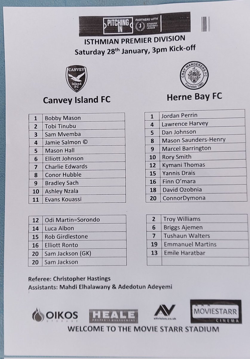 TonyHom33's tweet photo. #AwayDays
On our travels, and @HerneBayFC have arrived at the #MovieStarrStadium #CanveyIsland for their @IsthmianLeague game v @CIFC .
Printed programme (A6) and teamsheet acquired.
#GoBay
@NonLgeProgs @NonLeagueCrowd
@NonLeaguePaper https://t.co/k3Ela2rcc3