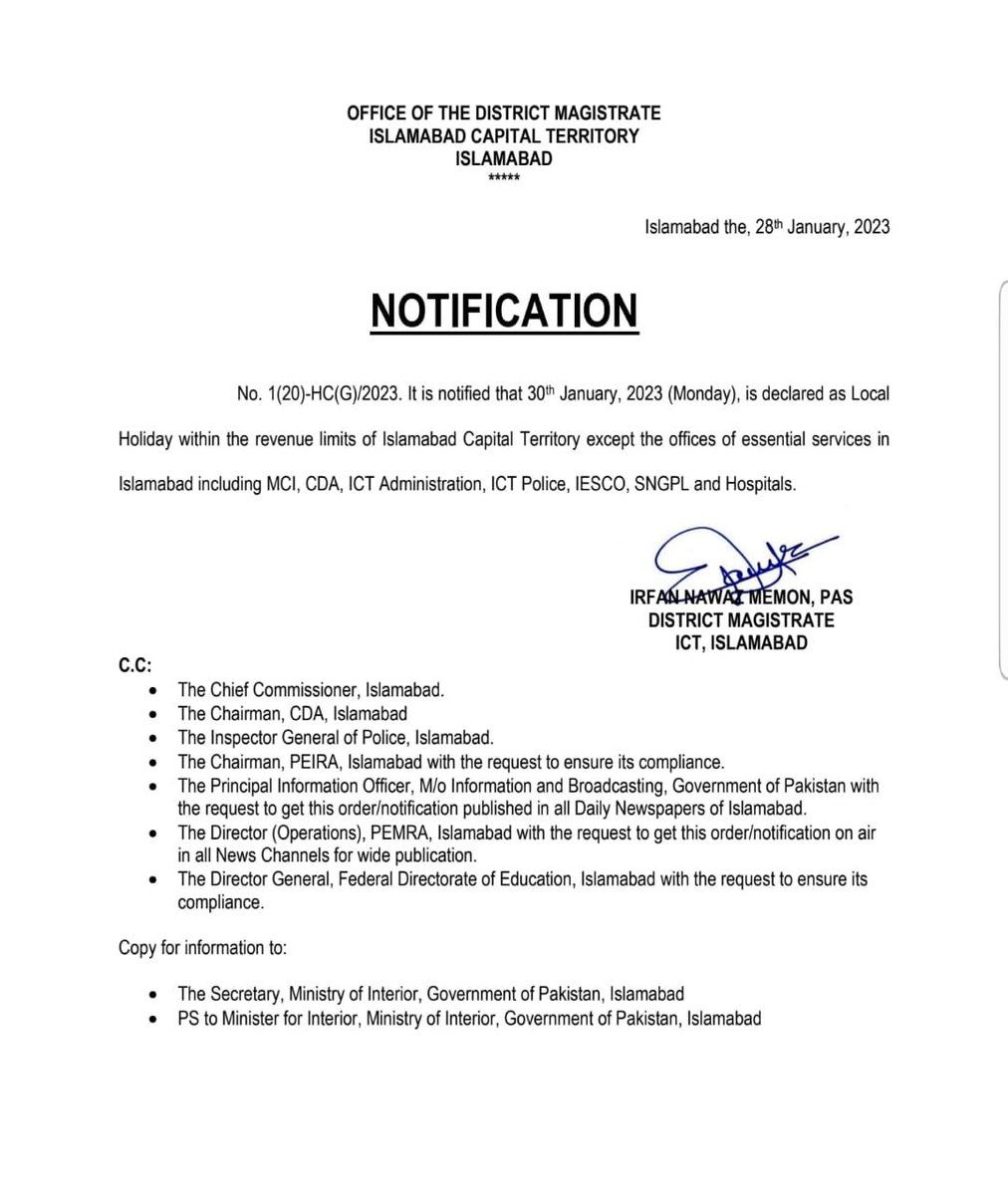 30th January 2023 (Monday ) local holiday in ICT. 
<a href="/ICTA_GoP/">Fuck you pakistan</a>
