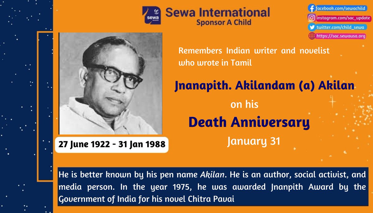 child_sewa's tweet photo. #OTD we remember the great Akilan, a renowned Tamil writer and social reformer who passed away on this day. His contributions to literature will always be remembered. #Akilan #Tamilwriter #SocialReformer #RememberingtheGreats https://t.co/Q2NTkGOD4u