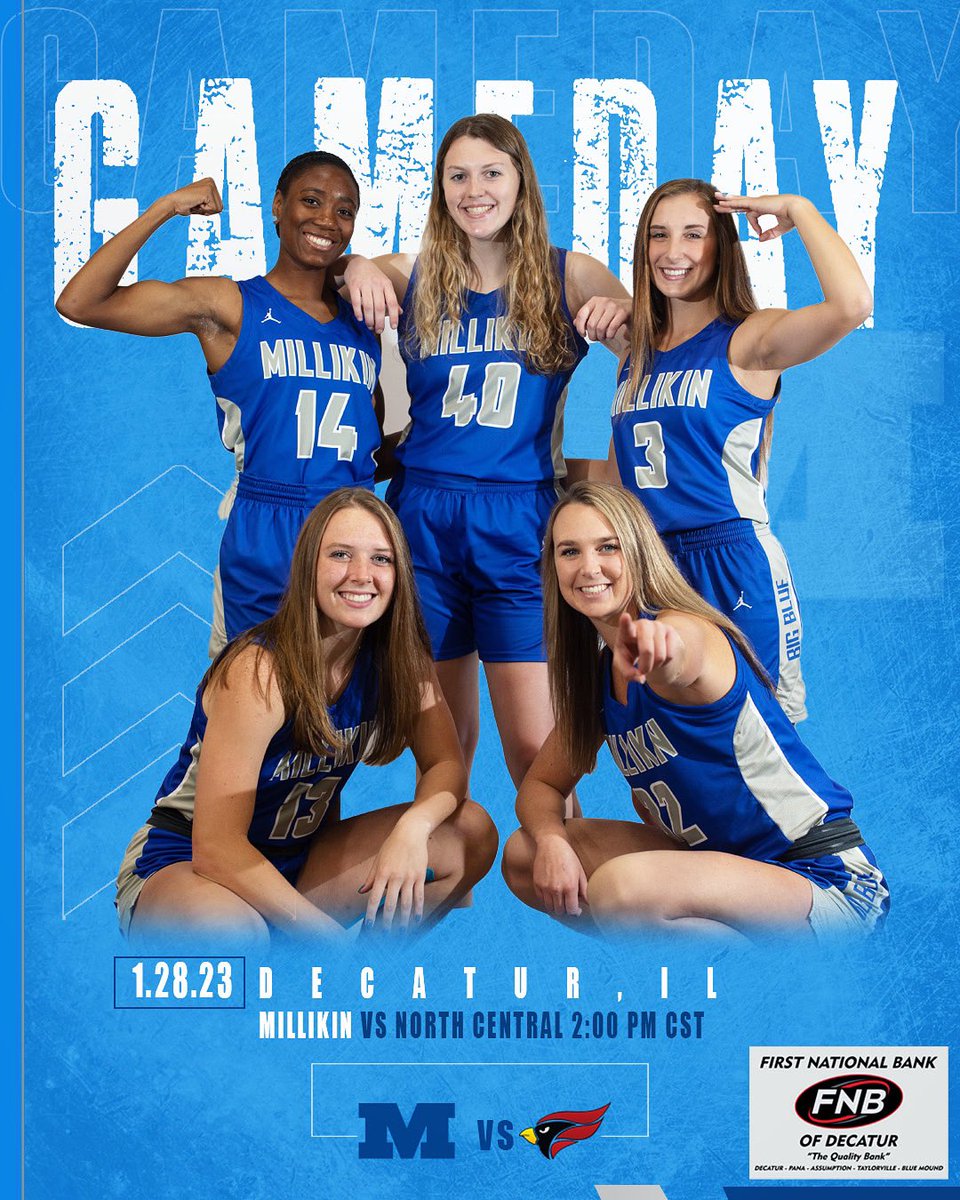 MillikinWBB's tweet photo. GAME DAY!!!
🆚 North Central 
📍 Decatur, IL
⏰ 2:00PM CST
🎥 https://t.co/T7z9rtmvCp
📊 https://t.co/qLQjJZOggX

#gobigblue #greaterthan94 #d3hoops https://t.co/46r2pGRerF