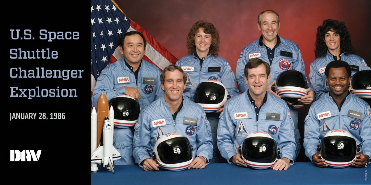 DAVHQ's tweet image. 37 years ago today, a booster engine failed and caused the #SpaceShuttleChallenger to break apart just 73 seconds after launch, taking the lives of all seven crewmembers, including Capt. Gregory Jarvis (USAF), Lt. Col. Dick Scobee (USAF), and Capt. Michael Smith (USN).