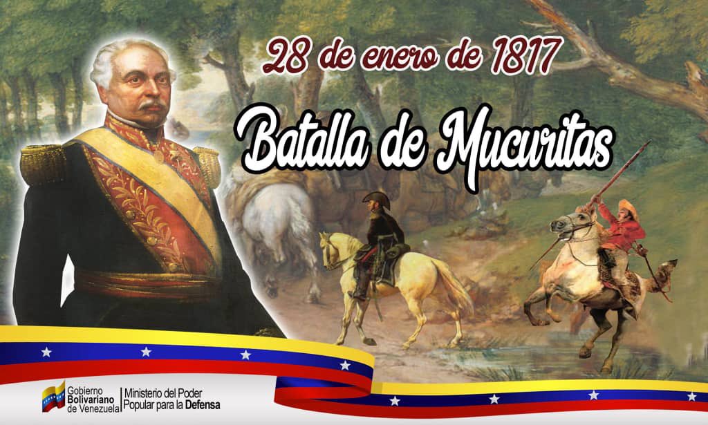 #Efemérides 🗓️ || Hoy #28Ene rememoramos la Batalla de Mucuritas, increíble hazaña militar realizada por nuestros valientes llaneros comandados por el Gral. José Antonio Páez, mediante la cual se impidió el avance de los realistas en los llanos Venezolanos.