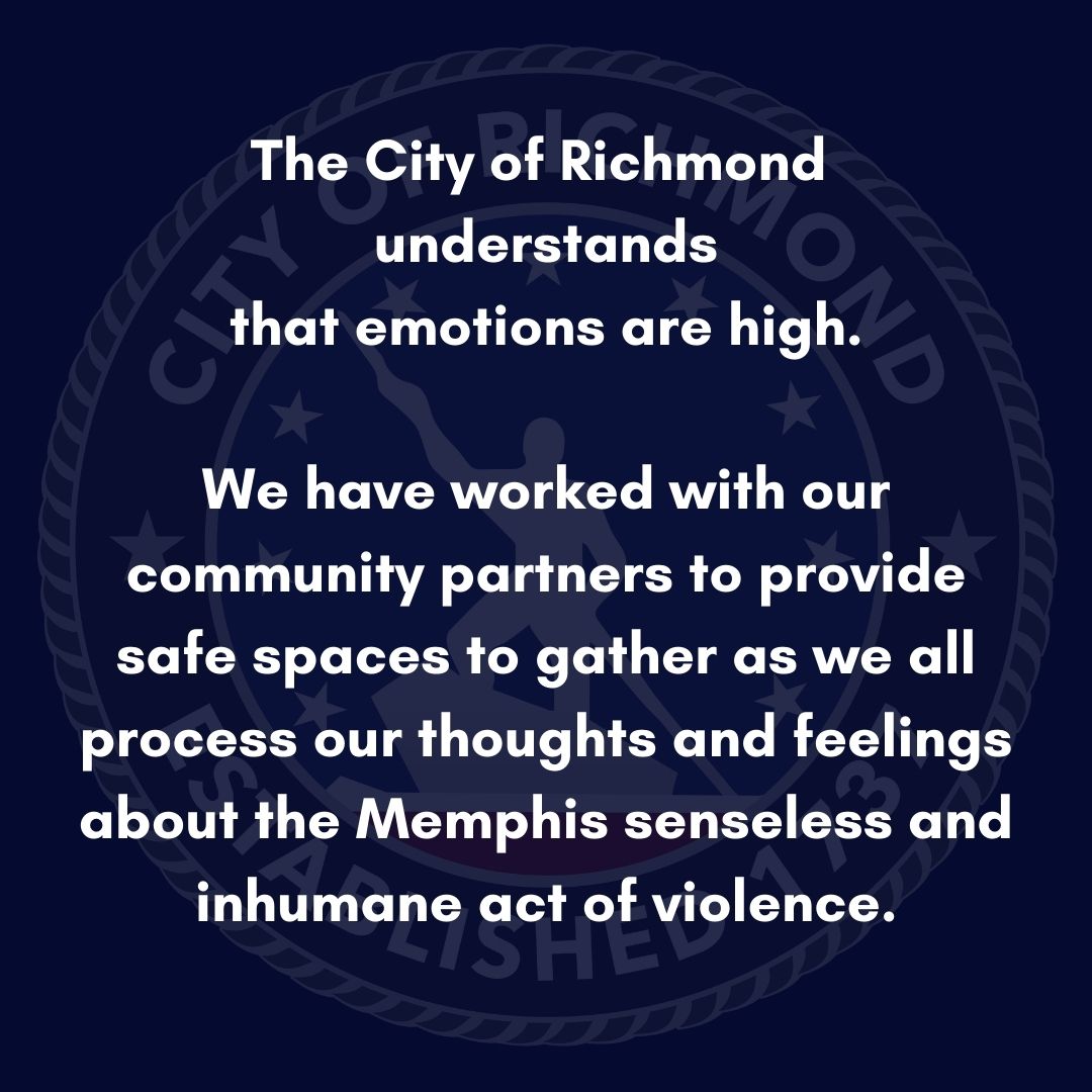 CityRichmondVA's tweet photo. We understand. The City of Richmond is providing safe spaces for gathering throughout today, Saturday, January 28th, from 9 AM to 4 PM.  #WeAreRVA #BuildingCommunity https://t.co/KdOtmrq98e
