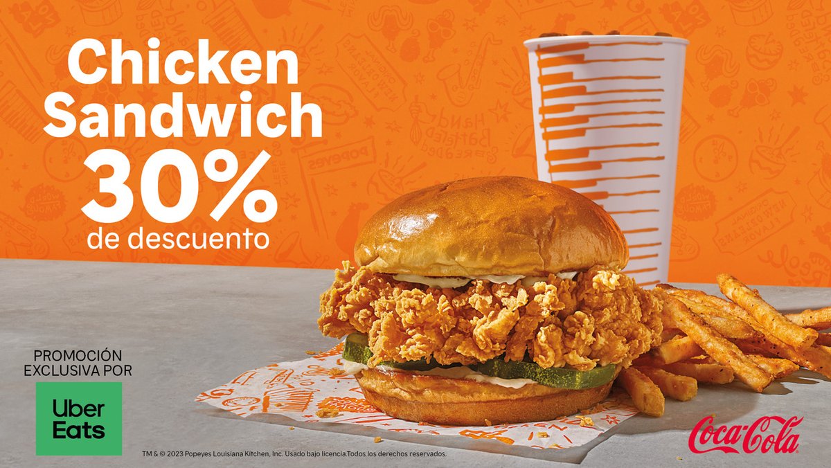 Popeyes con Uber Eats te ofrecen 30% de descuento este fin de semana en el Combo Chicken Sandwich. #amoesepollo 🚗 🍗 🧡 

Oferta válida el 28 y 29 de enero. Exclusivo por Uber Eats. Aplica solo en Villa Zaita, Multiplaza, Metromall, Altaplaza, Balboa.