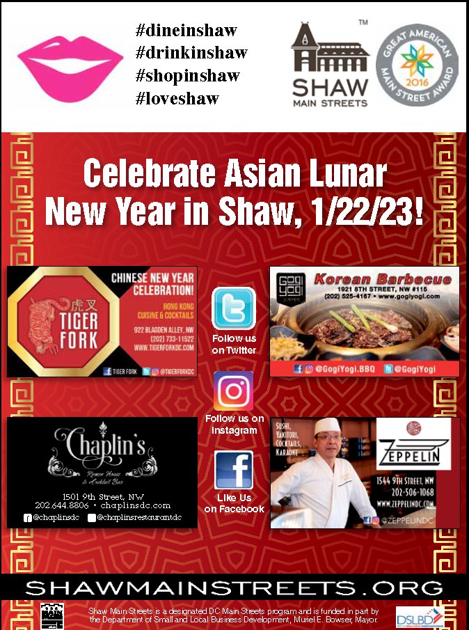 shawmainstreets's tweet photo. Celebrate Asian Lunar New Year in Shaw Today, 01/28/23! See live lion dance performances in Bladgen Alley in front of @TigerFork_DC  at 6 &amp; 8 PM, then enjoy great food there or at other @shawDC options. #funinshaw #dineinshaw #drinkinshaw #loveshaw👄 #shawdc https://t.co/vXagogLETT