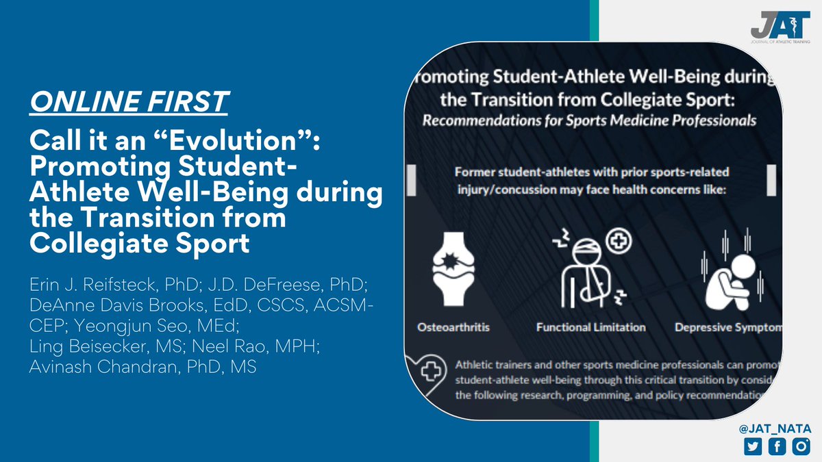 Journal of Athletic Training (@jat_nata) on Twitter photo Erin J. Reifsteck, PhD (@<a href="/UNCGKin/">Department of Kinesiology, UNCG</a>) and colleagues summarize current understandings of sport transition and highlight some key findings from studies exploring the impact of sport career transitions on student-athlete well-being.
Article: bit.ly/3wDMFmG Erin J. Reifsteck, PhD (@<a href="/UNCGKin/">Department of Kinesiology, UNCG</a>) and colleagues summarize current understandings of sport transition and highlight some key findings from studies exploring the impact of sport career transitions on student-athlete well-being.
Article: bit.ly/3wDMFmG