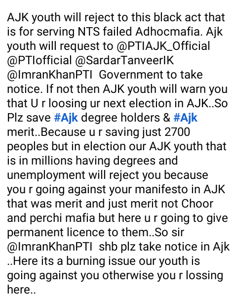 USAMAASRI's tweet photo. @SardarTanveerIK
@AssemblyAjk
@farooq_pm @MirwaizKashmir @HamidMirPAK @sardarattiquemc
@tariqfarooq60 @TariqNaqash
@UNHumanRights @anticorruption
@Xadeejournalist @ShahGhulamQadi1
#SaveMeritInAJK
#AJKYouthRejectAdhocAct https://t.co/YrFaZA6eSW
