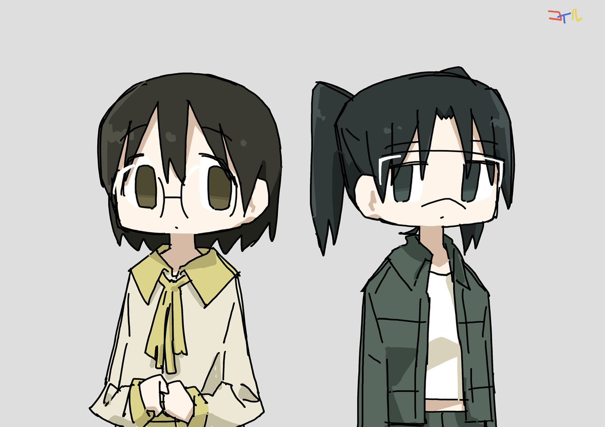 2girls multiple girls glasses black hair twintails jacket short hair  illustration images