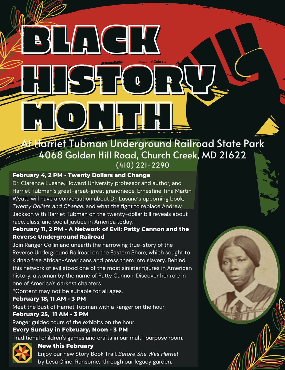 Hey folks! Be sure to make time for the free programs hosted by #maryandstateparks. They will be available at the park during this #BlackHistoryMonth! See the flyer below for more details. 
#nationalparkservice #TeamTubman