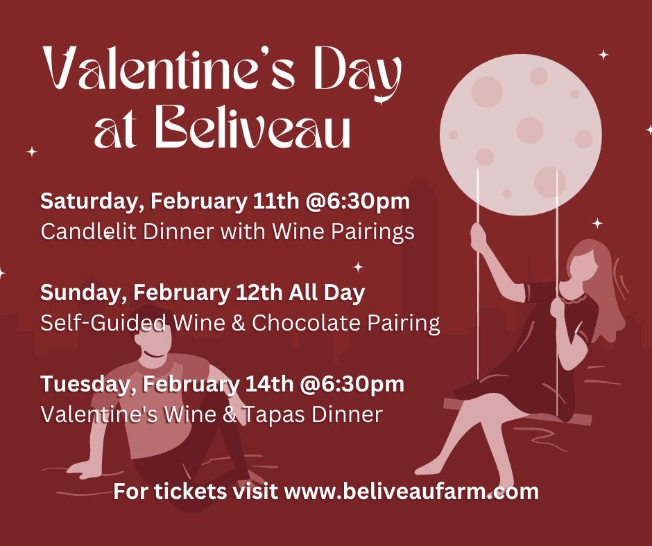BeliveauFarm's tweet photo. Valentine's Day Candlelit Five-Course Dinner/Wine Pairing at Beliveau Farm Winery on Sat, Feb 11 at 6:30pm. Spend a romantic evening w/your special person and enjoy great food &amp; wine, and charming music by Chloe and Stewart. Tickets for sale at https://t.co/WurnWCEDtT for $99. https://t.co/gIrY8FZOP8