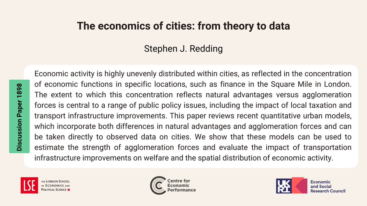 No. 1898 January 2023 The economics of cities: from theory to data Stephen J. Redding