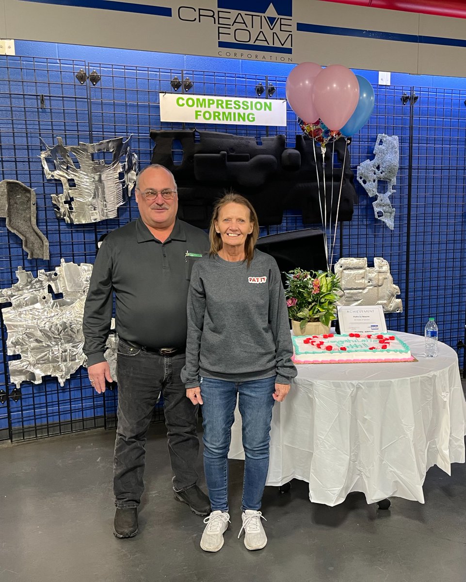 CreativeFoam's tweet photo. We celebrated Patti Moore's 30 Year Anniversary today on 1/28/2023 🎉 Congratulations Patti and thanks for your commitment to the CF Family this past 30 years! (pictured with Luke Lapanne Plant Manager) https://t.co/UBGVCU7giI
