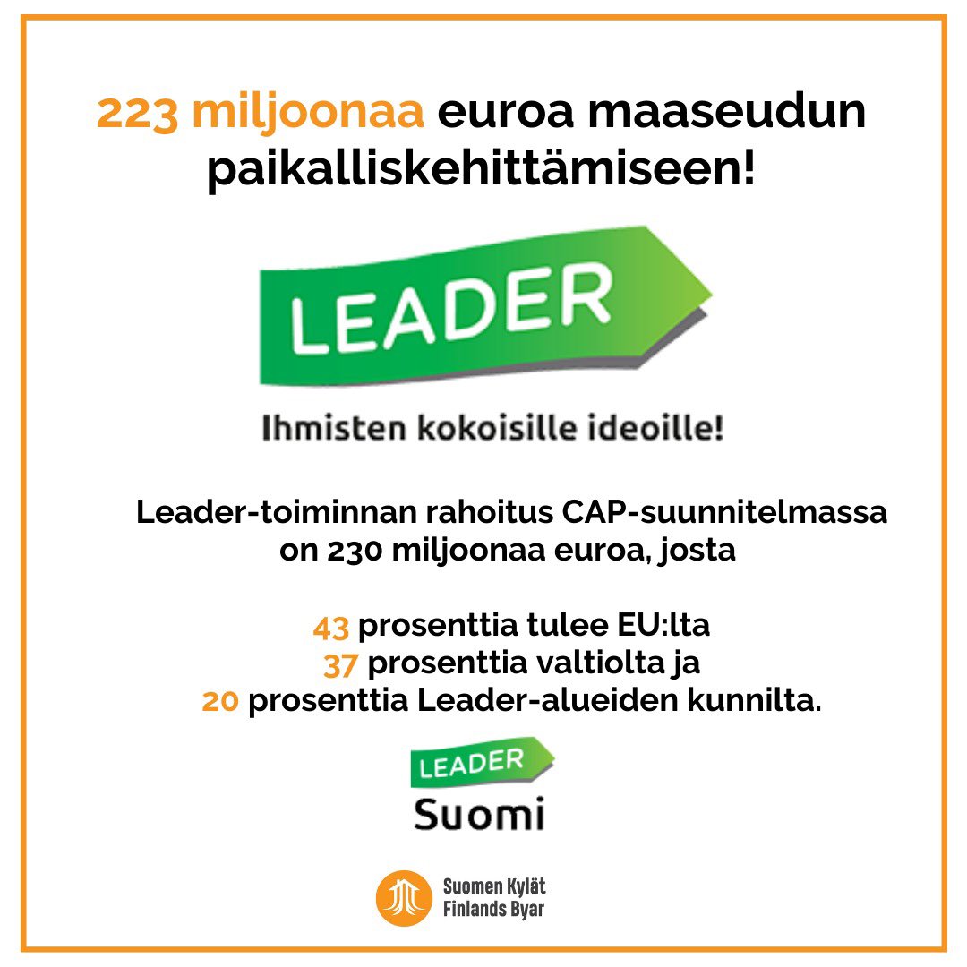 Leader-resurssien määrä nousee Suomessa! 😊💪🏻 me laitamme liikkeelle talkoita, elinvoimaa, yrittäjyyttä ja yhteisöllisyyttä. Kaikki 52 Leader-ryhmää on meidän jäseniä. 

2,5 miljoonaa suomalaista asuu Leader-rahoituksen maaseutualueella. 
Etenee! 

<a href="/mmm_fi/">MMM</a> <a href="/kurvisentwiit/">Antti Kurvinen</a> 🧡