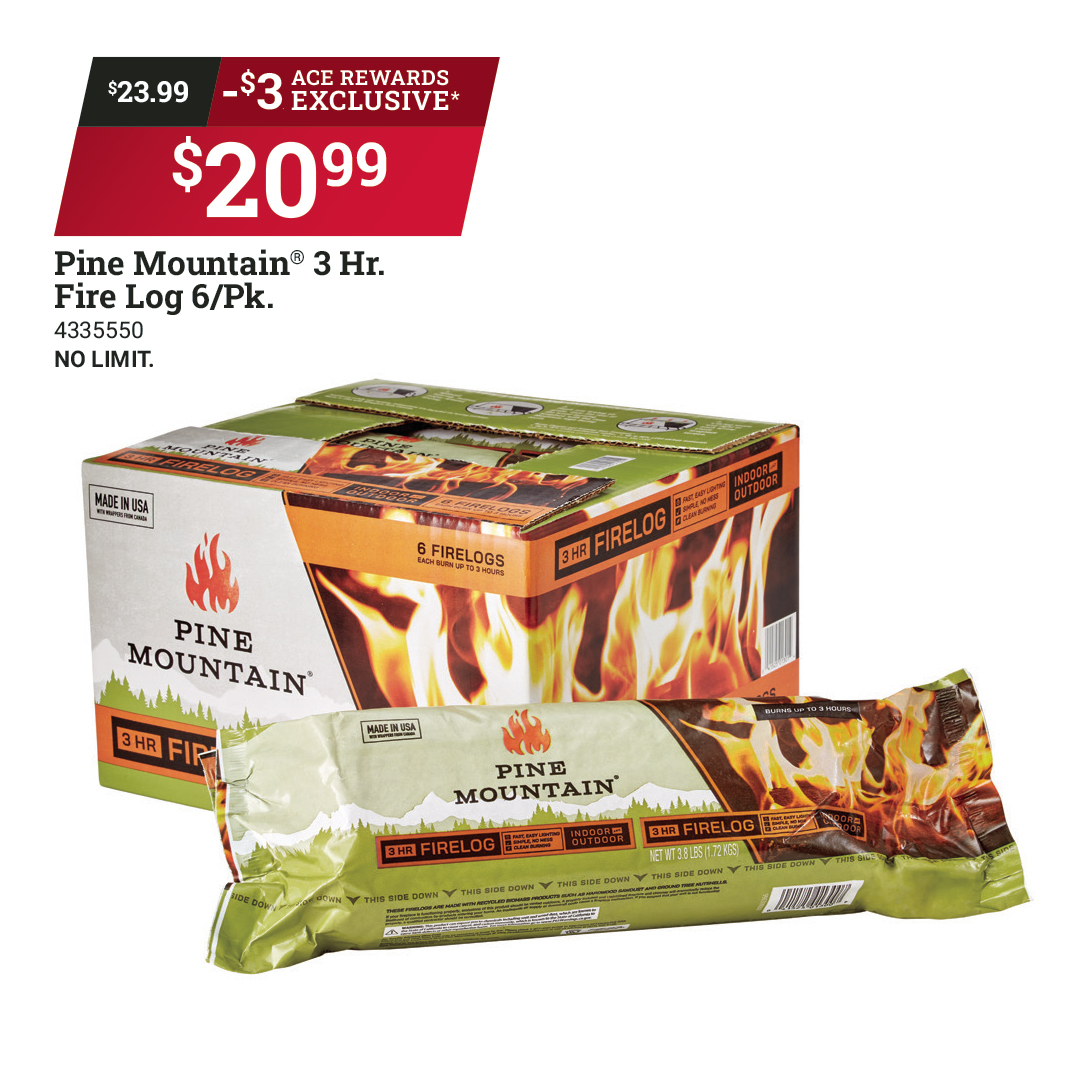 ZimHardware's tweet photo. Now is the perfect time of year to nestle up to a warm fire. Ace Rewards members save $3 on a Pine Mountain® 3 Hr. Fire Log 6/Pk. No limit. Offer valid at participating locations December 26–January 31. #MyLocalAce https://t.co/Fk1f14wHs4