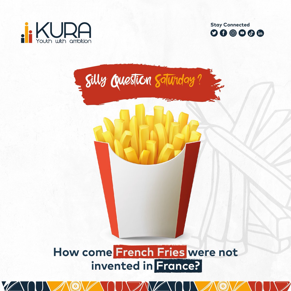 kura_rw's tweet photo. Do you know where French Fries ๐ where invented? You would guess France, right?
Think again.
#kura
#sillyquestionsaturday https://t.co/IY0AwoDD3B