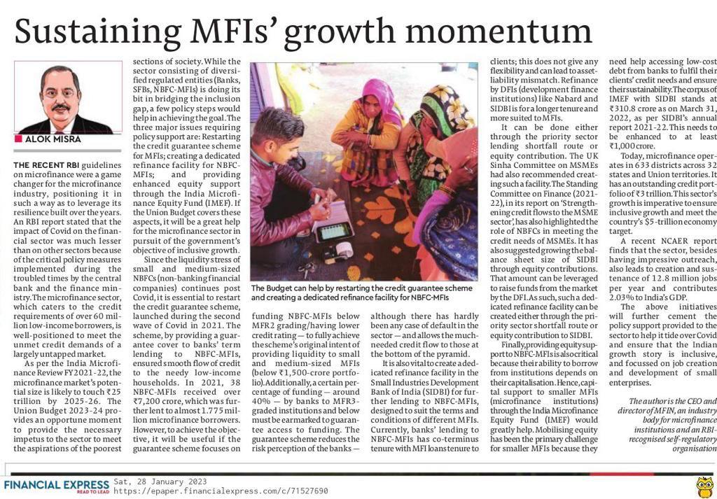 My piece in Financial Express on microfinance sector's budget expectation