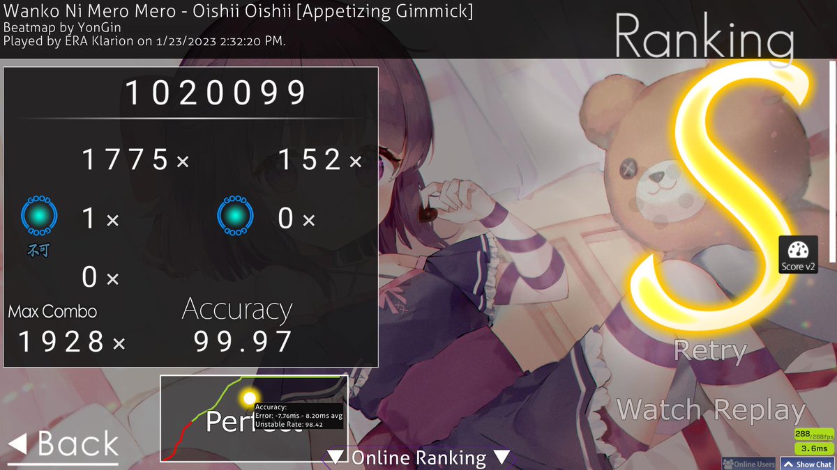 NotKlarion's tweet photo. Match still going but here are my best scores since I have to leave for work, no oishii is not a double image https://t.co/pghx07P559