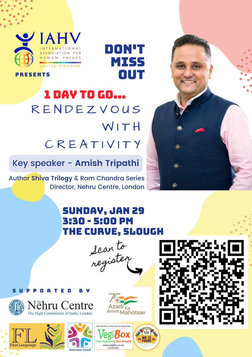Don't miss 𝗜A𝗛𝗩'𝘀 𝗳𝗮𝗺𝗶𝗹𝘆 event to encourage &amp; promote Creative talents through Reading &amp;/or Writing. ✍️⭐️📚

𝗔𝗠𝗜𝗦𝗛 𝗧𝗥𝗜𝗣𝗔𝗧𝗛𝗜, a well known Indian author is our Guest Speaker. 

𝟮𝟵 𝗝𝗔𝗡 𝟯:𝟯𝟬 𝗽𝗺, 𝗦𝘂𝗻𝗱𝗮𝘆
The Curve, SLOUGH
tinyurl.com/iahv-rwc