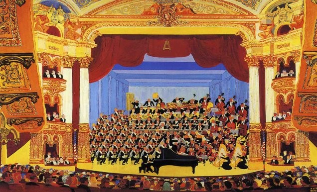 kenfinkel's tweet photo. In 1952, artist Alfred Bendiner painted the Philadelphia Orchestra with Sergei Rachmaninoff performing his Piano Concerto No. 3. That painting now hangs at the Kimmel Center where, this week, celebrated pianist Yuja Wang again made Rachmaninoff magic. https://t.co/YOD2BnUBEv