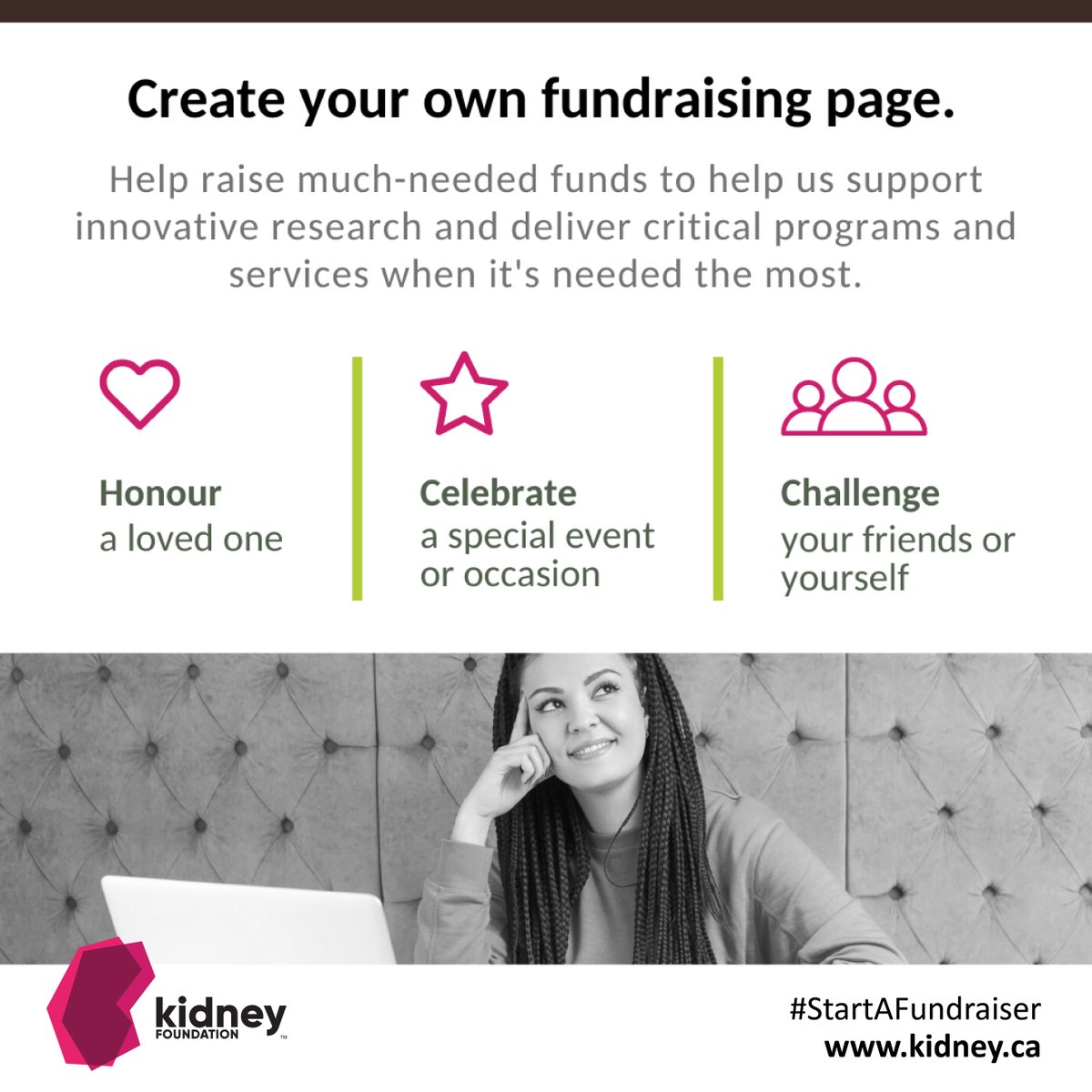 Building a personal #fundraising page is a fun and creative way to raise funds to help support research and programs for people affected by #kidneydisease. Find out how here: kidney.ca/Get-Involved/B…