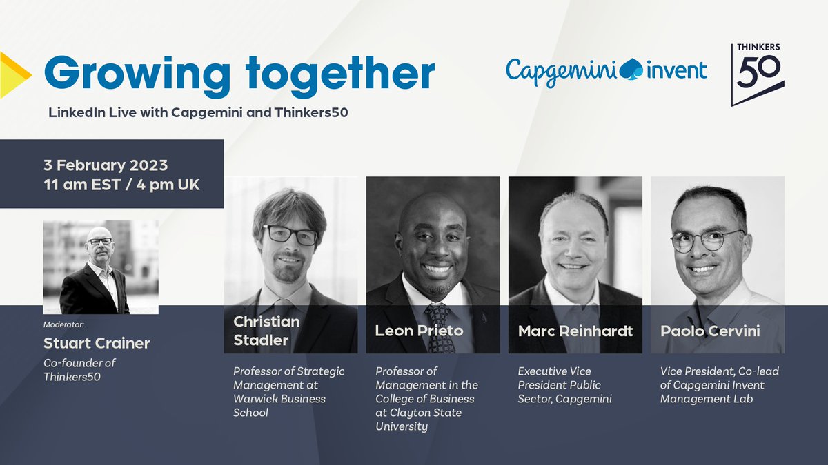 Thinkers50 (@thinkers50) on Twitter photo How can cross-sector collaboration aid in the efforts to make a more sustainable future? We ask <a href="/EnduringSuccess/">Christian Stadler</a>, <a href="/leoncprieto/">Leon C. Prieto, PhD</a>, <a href="/MR_GlobalPS/">inkognito</a>, and Paolo Cervini this on February 3rd in our LinkedIn Live with <a href="/CapgeminiInvent/">Capgemini Invent</a>, Growing Together. Join us: linkedin.com/video/event/ur… How can cross-sector collaboration aid in the efforts to make a more sustainable future? We ask <a href="/EnduringSuccess/">Christian Stadler</a>, <a href="/leoncprieto/">Leon C. Prieto, PhD</a>, <a href="/MR_GlobalPS/">inkognito</a>, and Paolo Cervini this on February 3rd in our LinkedIn Live with <a href="/CapgeminiInvent/">Capgemini Invent</a>, Growing Together. Join us: linkedin.com/video/event/ur…