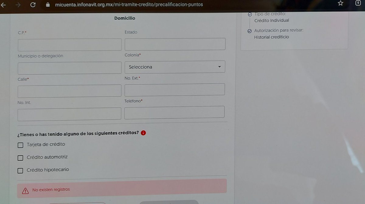 Cesar_zxcvbnml's tweet photo. @Infonavit Su página tiene un error en la sección 
precalificacion-puntos 
Autorización para revisar historial crediticio,
No carga información para mi Código Postal dice: "No existen registros" https://t.co/LMNrNVgkqJ