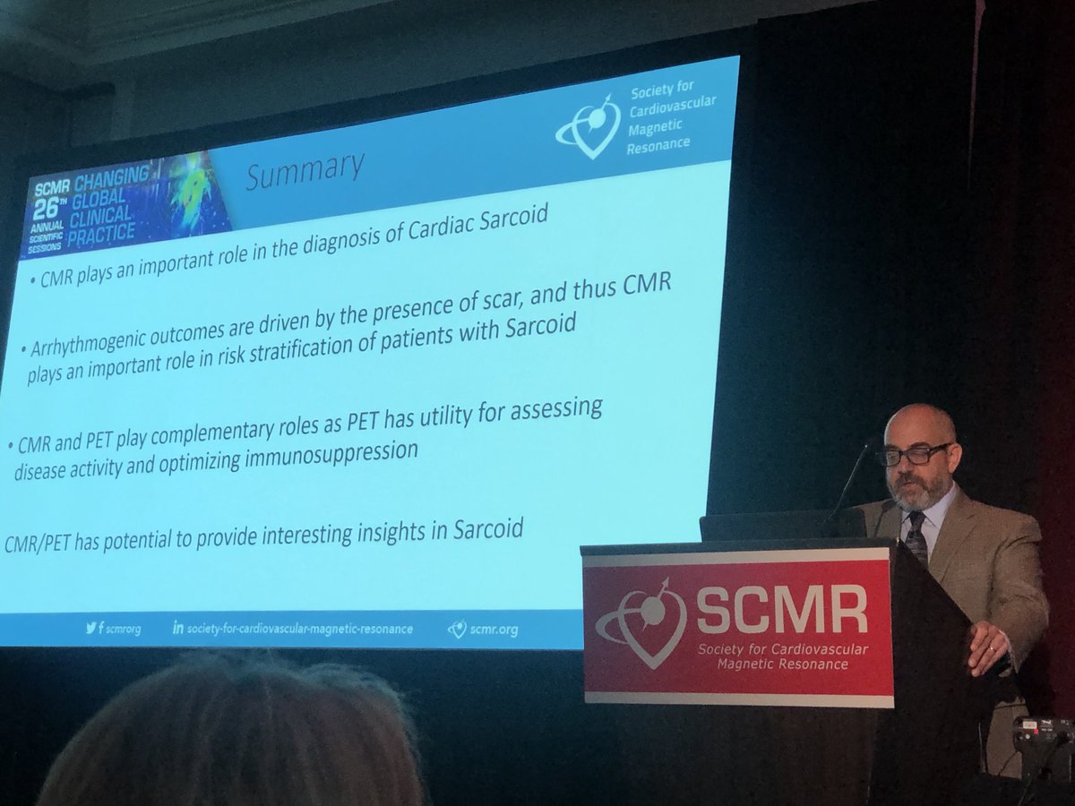 Fantastic talk on the role of CMR in cardiac sarcoidosis by my friend and mentor ⁦@salernomdphd⁩ #SCMR23 #whyCMR ⁦@ChrisKramerMD⁩ ⁦@AmitRPatelMD⁩ ⁦@CardioUva⁩ ⁦@JamiesonBourque⁩ ⁦⁦@ToddVillinesMD⁩