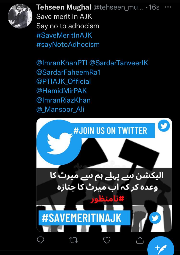 hafsano98211377's tweet photo. Now or Never
Save merit Save Nation
#SaveMeritInAJK
@ImranKhanPTI @SardarTanveerIK @SardarFaheemRa1
@PTIAJK_Official
@HamidMirPAK
@ImranRiazKhan
@_Mansoor_Ali
@ImranKhanPTI
@Ali_MuhammadPTI https://t.co/tZV0br0xDD