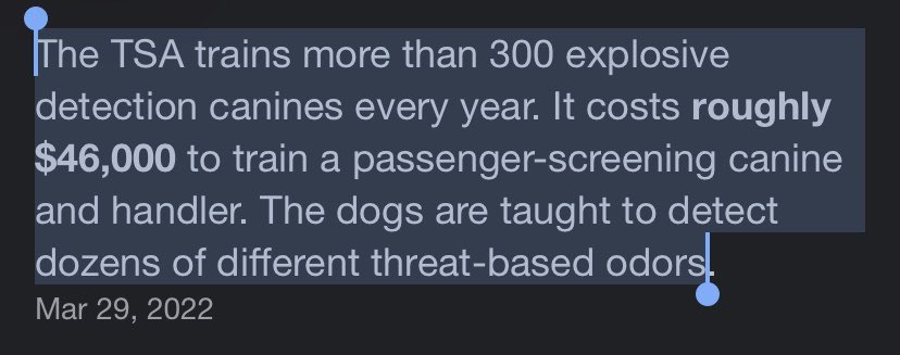 @chicagohotdog @mmmccarthy @cta it costs almost $50,000 to train one dog. not to mention the operating cost and salaries for the handlers. there are also studies that point towards racial biases in these training situations. the efficacy of such units is questionable. demilitarize transit.