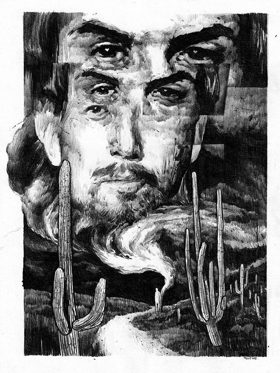 "L'Homme de l'Ouest", inspiré par Howe Gelb. Illustration de Jean-Luc Navette éditée en sérigraphie 40x50 (Longues Ondes, 2022). Contact : longuesondes@gmail.com