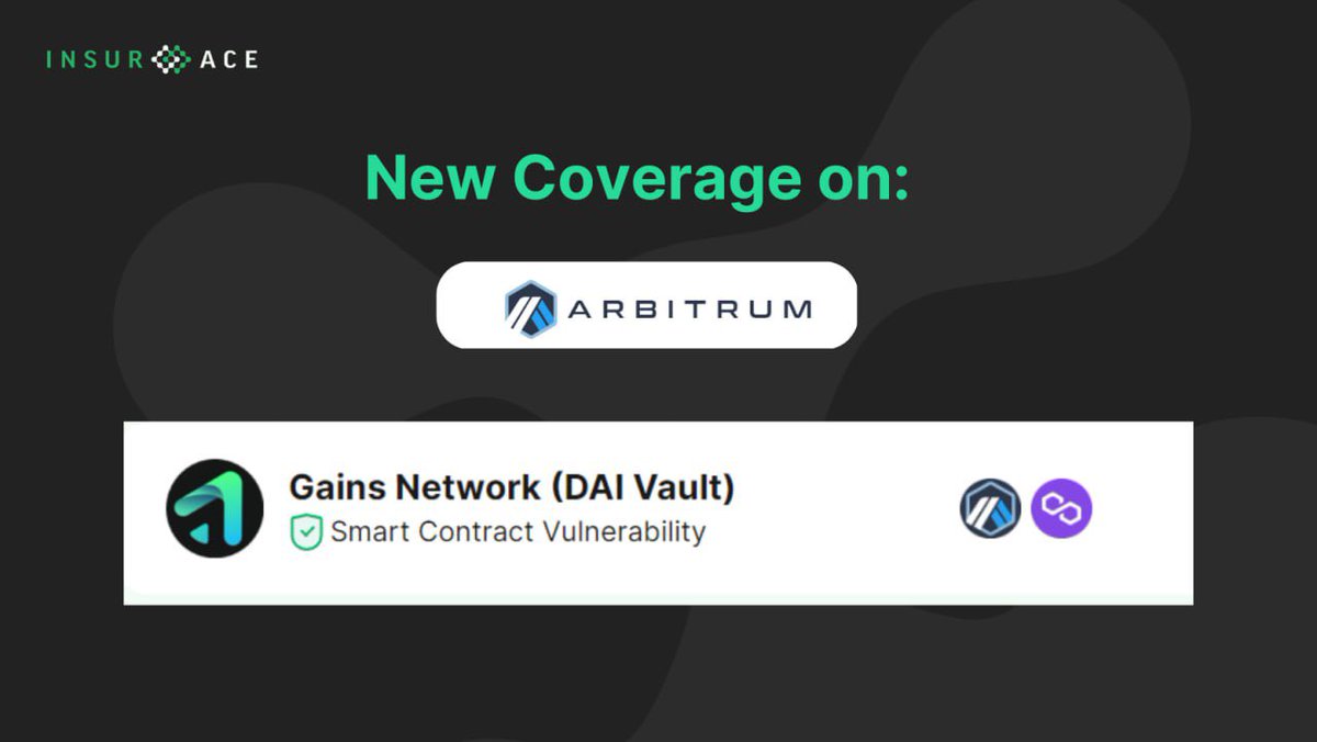 🎉 Big news! 🎉 We now offer even more coverage options for you. 
@Gainsnetwork_io smart contract cover, is now covering Arbitrum too! 
🔒Protect yourself and your loved ones with our comprehensive plans. 
💻 For more details👉app.insurace.io/coverage/buyco… 

$INSUR $GNS #MoreCoverage