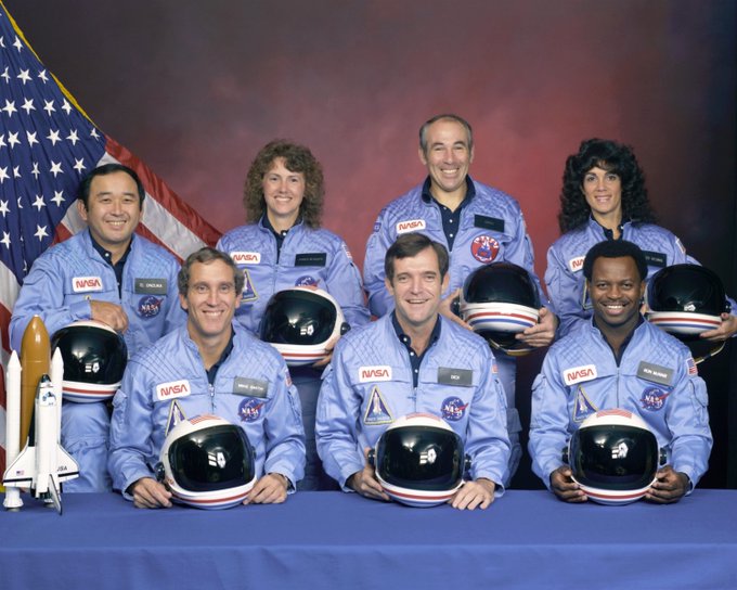 Seven astronauts in blue flight jackets posed for a picture.