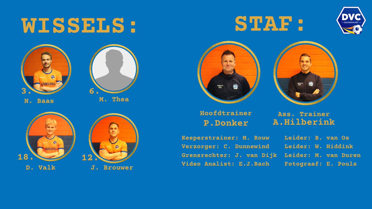DVC_Dedemsvaart's tweet image. De wissels voor vanmiddag! 

*Musael Thea sluit aan vanuit de JO19-1 en kan zijn debuut maken voor DVC 1. 

*Bram Sieljes sluit ook aan vanuit de DVC Dedemsvaart -23. 

#DVC #competitie #dvcomm