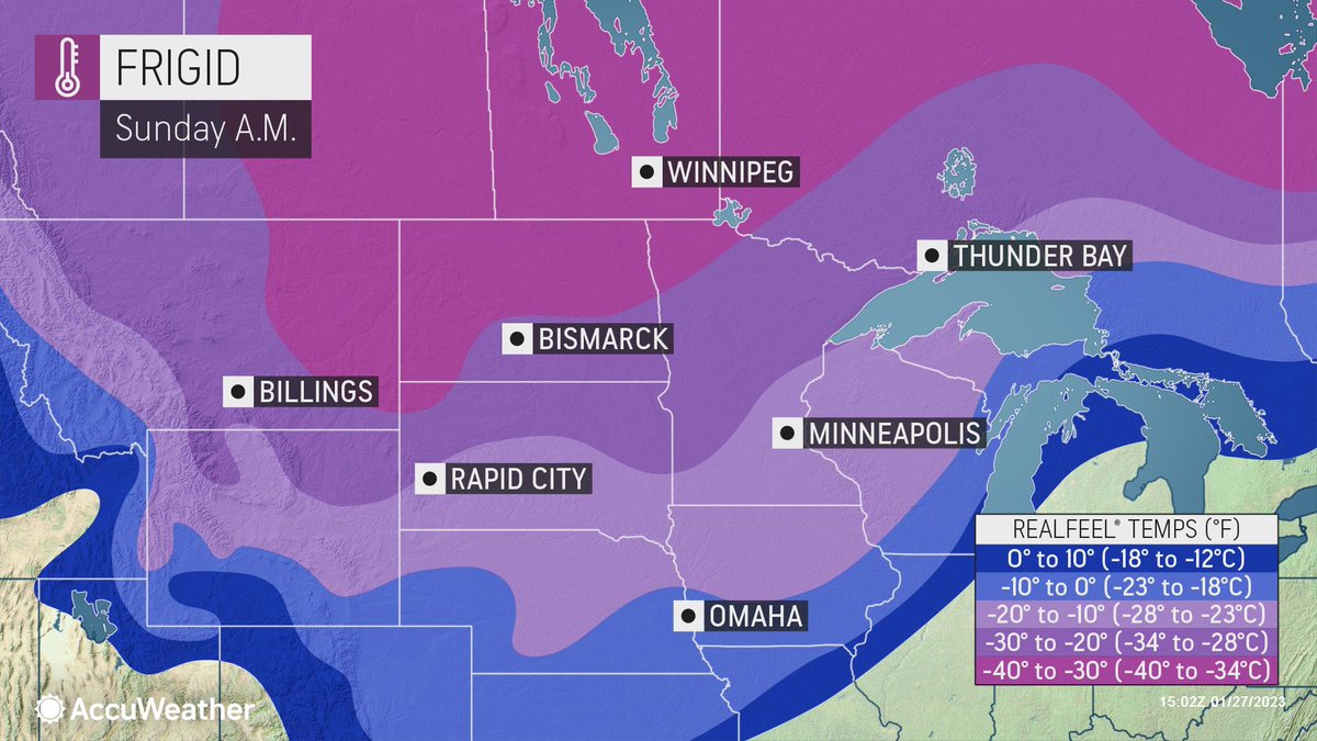 High temperatures will remain below zero in the higher elevations of Montana to northern Minnesota on Sunday: https://t.co/T8RjBOQymq https://t.co/mIQlwNL37H