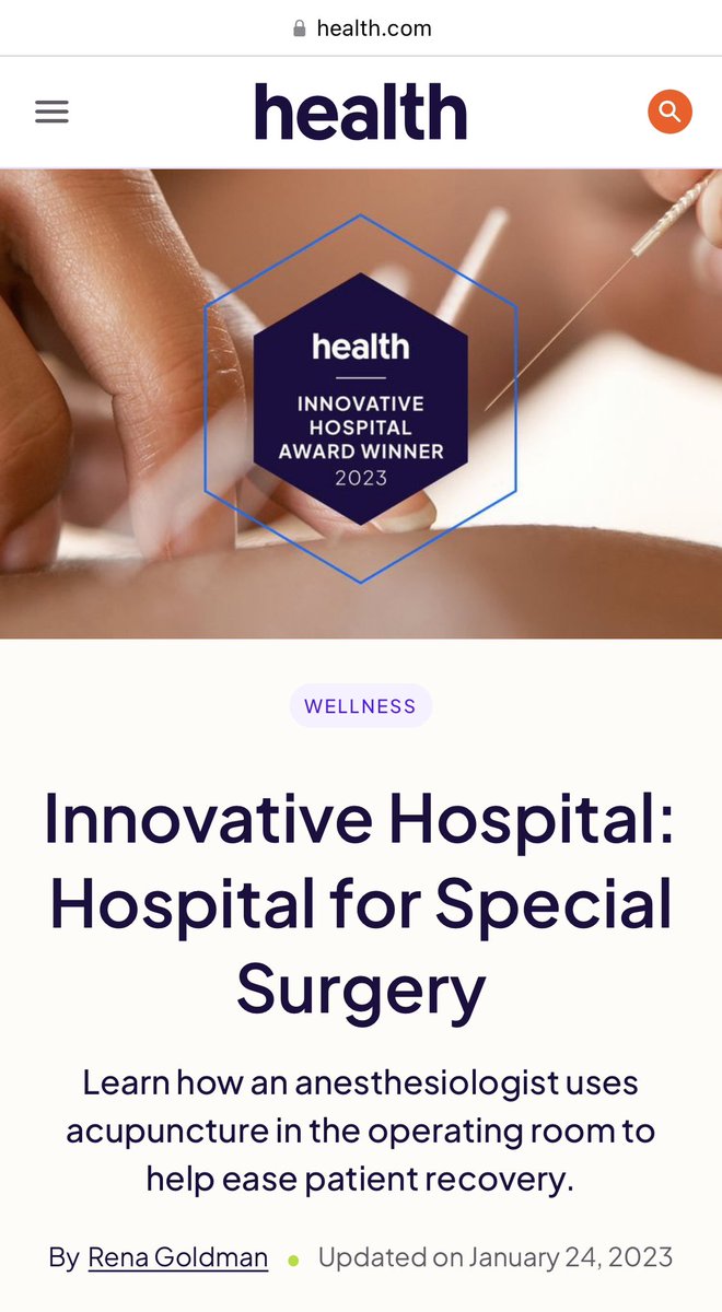 @HSpecialSurgery wins @health_com_ 2023 INNOVATIVE HOSPITAL AWARD by utilizing #intraoperativeacupuncture for patient recovery and to decrease pain. I’m so lucky to work with the BEST! #medicalacupuncture @HSSAnesthesia @bethgausdenmd @drmikeast @RamenShamanMD @AAMAcupuncture