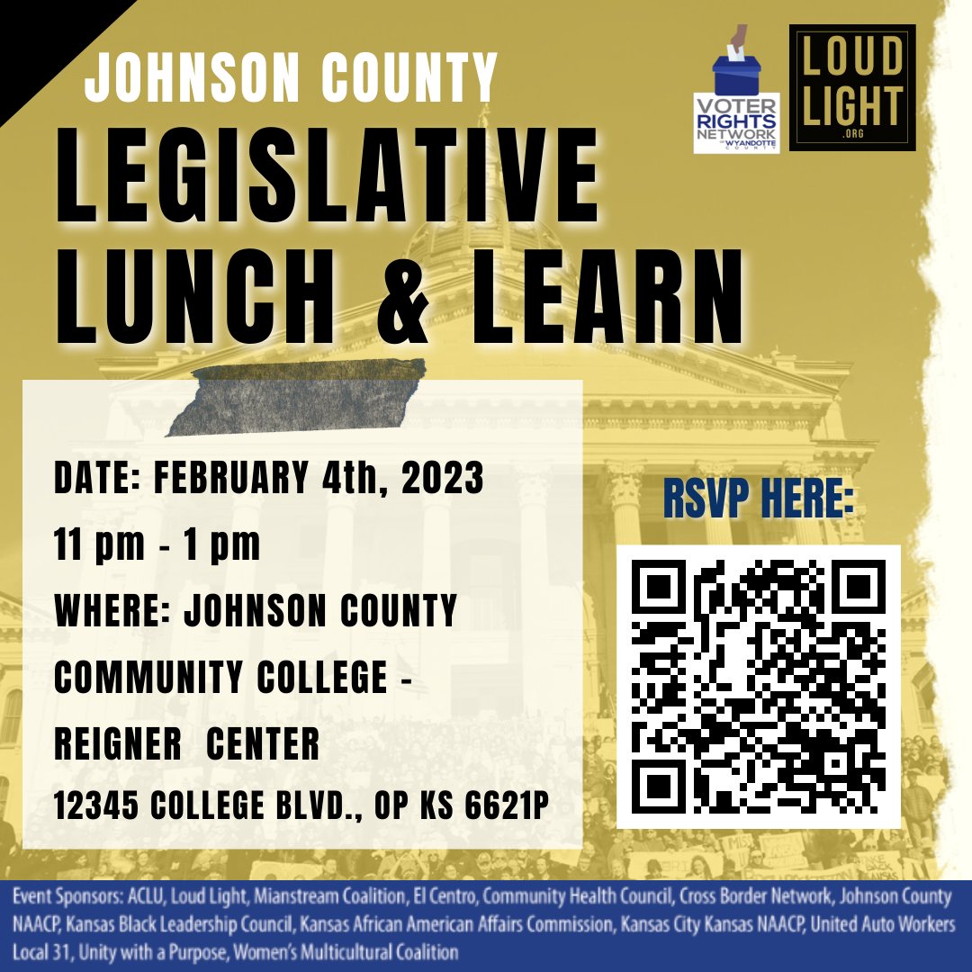 Loud Light (@loud_light) on Twitter photo Join us for a #ksleg lunch & learn w/
<a href="/Voter_Rights/">Voter Rights Network</a> !!
Come hear your elected officials’ plans & strategies for serving Johnson County from the Statehouse.
Register for the event at the links below:
In-person w/ lucnh:bit.ly/JoCo_LaL_InPer…
Virtual: bit.ly/JoCo_LaL_Lives… Join us for a #ksleg lunch & learn w/
<a href="/Voter_Rights/">Voter Rights Network</a> !!
Come hear your elected officials’ plans & strategies for serving Johnson County from the Statehouse.
Register for the event at the links below:
In-person w/ lucnh:bit.ly/JoCo_LaL_InPer…
Virtual: bit.ly/JoCo_LaL_Lives…