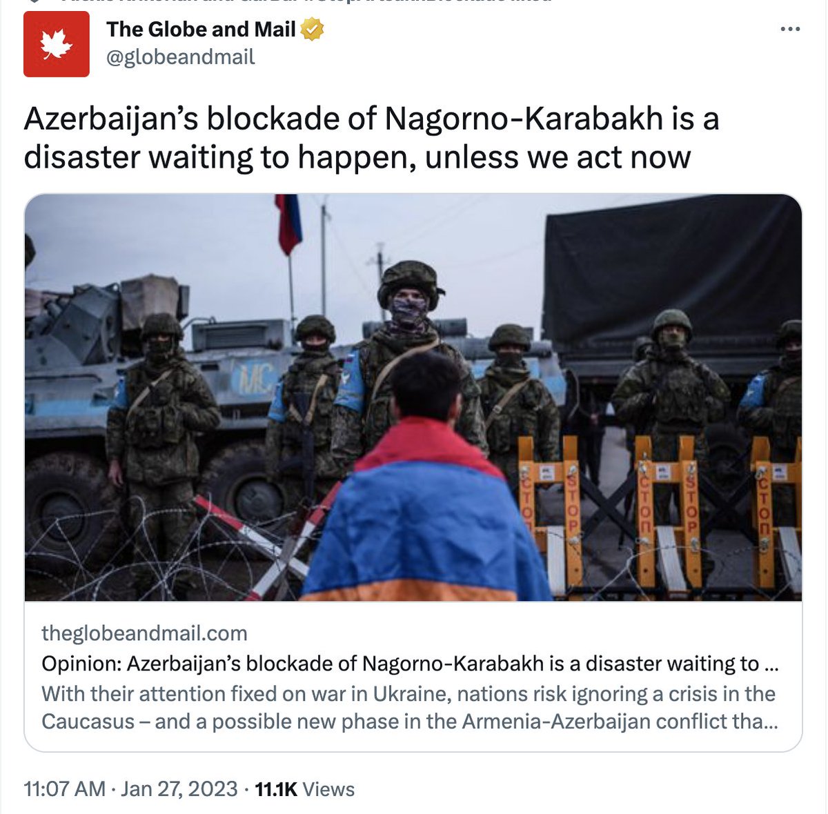 LaNelle64989432's tweet photo. Dear @globeandmail, help stop #FormOfTorture #EndBlockade #PreventGenocideโ ๏ธ #StopTheDeliberateKillingsOfArmenians #RecognizeArtsakh #SelfDetermination #RightToLive #StopAliyev
120,000 Armenians are being deliberately trapped in the #GenocidalBlockade w/out food, electricity&gas https://t.co/GJvtRtwEMD