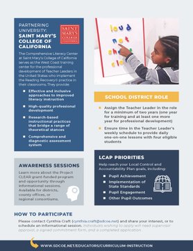 Ever wanted to be certified in Reading Recovery or Descubriendo la lectura to accelerate student literacy? Project CLEAR is a grant covering all tuition, fees and materials for Calif. Teacher Leaders who wish to support students&amp; other teachers. 
Contract: Cynthia.Craft@sdcoe.net