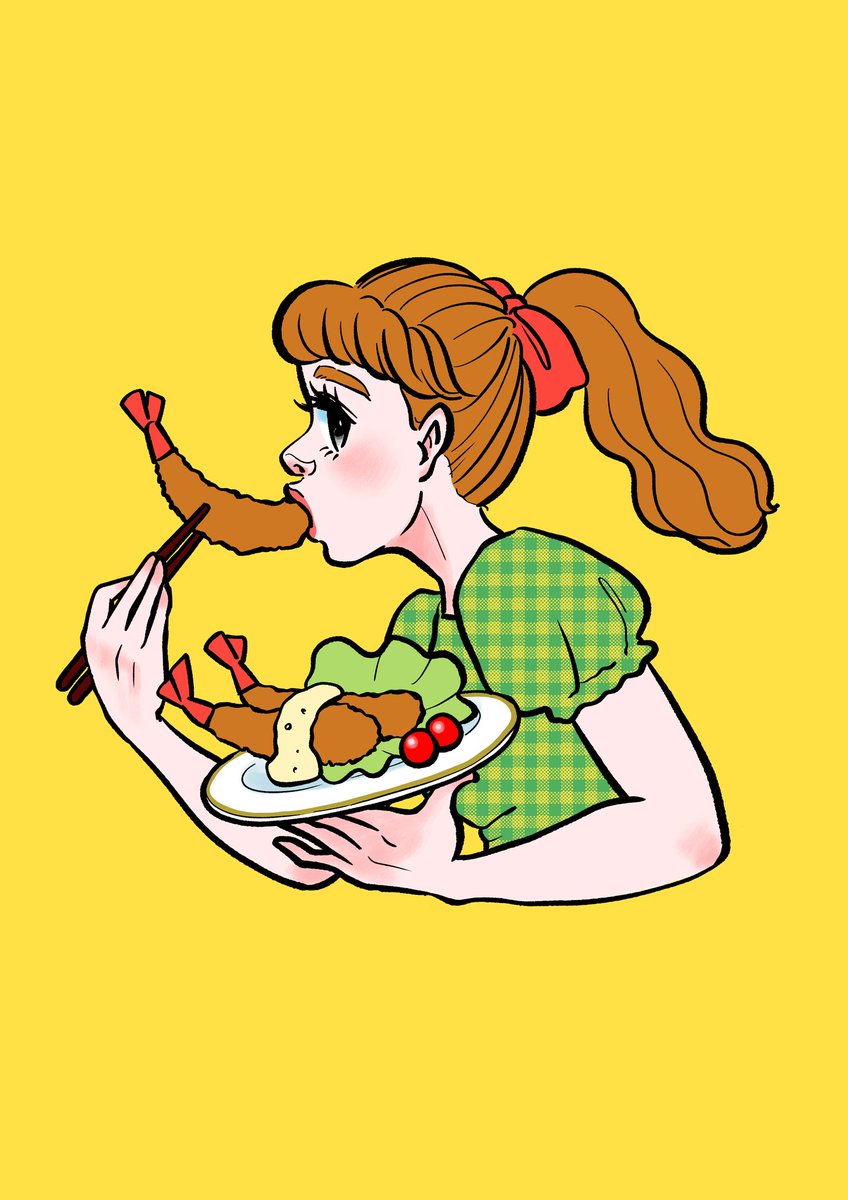 1girl solo food yellow background ponytail brown hair short sleeves  illustration images