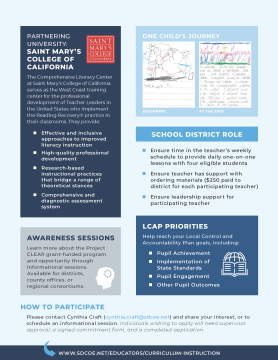 Certification in Reading Recovery or Descubriendo la lectura to accelerate student literacy with intervention via Project CLEAR, a grant covering all tuition &amp; fees for California teachers who wish to support kids in their own classrooms. 
Contract: Cynthia.Craft@sdcoe.net
