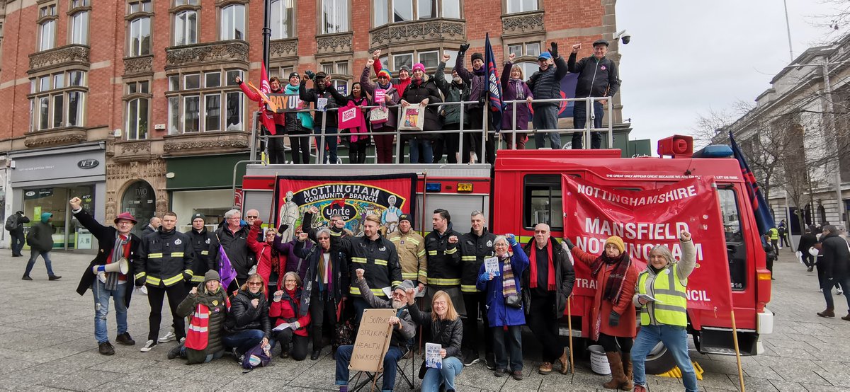Joint union stalls today in Nottingham, preparing for strike day, February 1. United action can win! You didn't believe we would have a fire engine, did you? ✊🙂 <a href="/fbunational/">Fire Brigades Union</a> <a href="/FBUEastMidlands/">FBU Reg6 East Midlands</a> <a href="/CWUnews/">CWU</a> <a href="/CWUNottingham/">CWU Nottingham Amalgamated Branch</a> <a href="/UoNUCU/">University of Nottingham UCU branch</a> <a href="/NEUEastMidlands/">NEU East Midlands</a> <a href="/UniteEastMids/">Unite East Midlands</a> <a href="/TUCMidlands/">TUC Midlands</a> <a href="/RMTunion/">RMT</a>