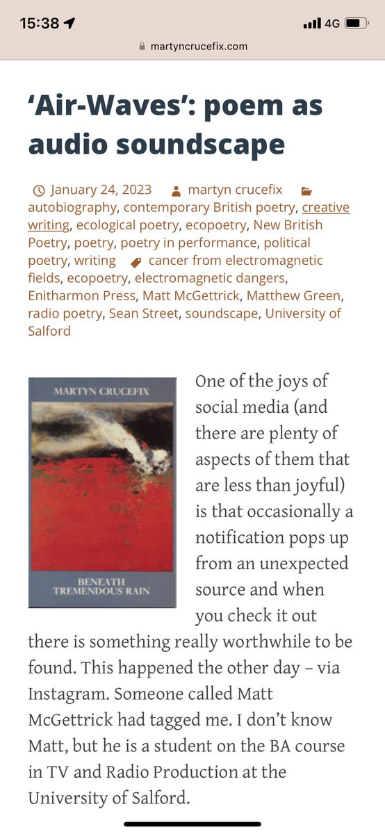matt_mcgettrick's tweet photo. Massive thank you to @mcrucefix for including my soundscape of his poem ‘Air Waves’ in his latest blog. Check it out! https://t.co/sIp1WQhXl2 #creativeaudio #soundscape #audioproduction #student #batarp https://t.co/AC79IXnRRA