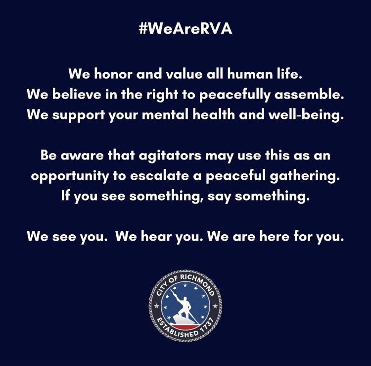 “If you see something, say something” is a trademarked slogan which was implemented by NY MTA after 9/11/01. The language in this tweet from the City of Richmond uses that slogan to associate people protesting police brutality as domestic terrorists.