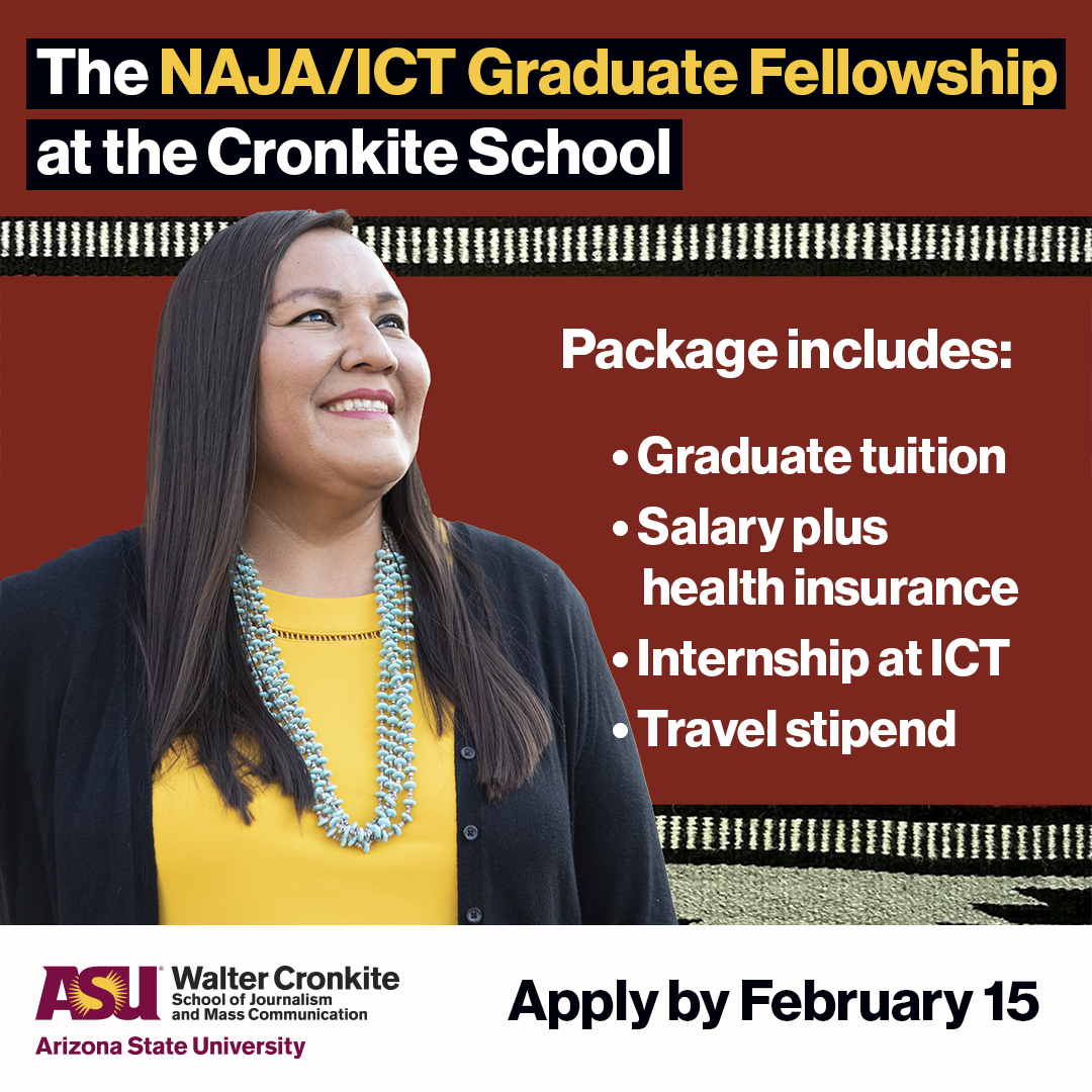 Cronkite_ASU's tweet image. The Cronkite School is proud to partner with @najournalists and @IndianCountry to support an outstanding #NAJA member to pursue a master’s degree in the 2023-24 school year and produce content for the national ICT audience!

Apply by Wednesday, Feb. 15: ow.ly/6yqq50MBuMT