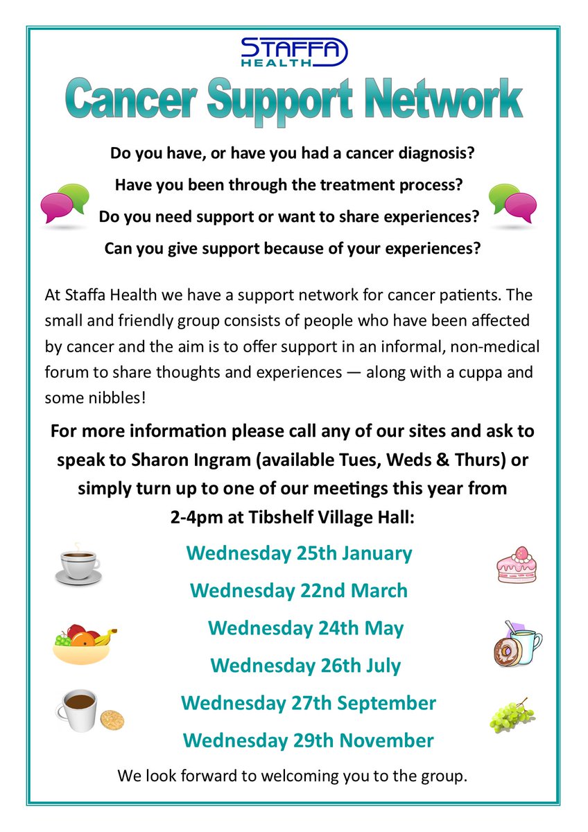 If you missed this week's Cancer Support Network meeting don't worry - we have them every other month! Please click on the poster below to see the planned dates for this year.
