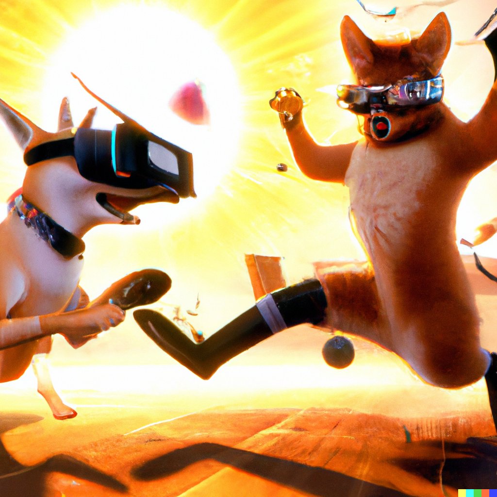 Kevin_ODonovan's tweet photo. I asked #dalle for "a #virtualreality experience for a #shibainu chasing a #cat, digital art"...

https://t.co/PYBzLoz6Gg https://t.co/lzCDexXBlu