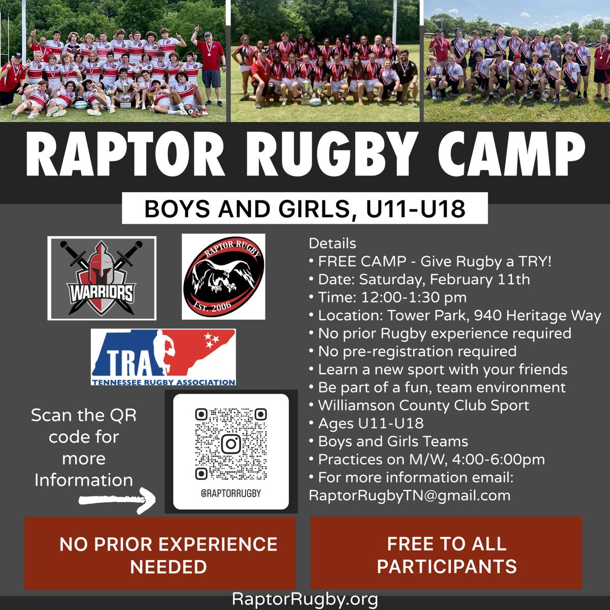 Raptor Rugby will be hosting a second FREE camp on Sat, Feb. 11th. No registration, experience or equipment required! Players must be age 11-18 to participate. For more info:RaptorRugbyTN@gmail.com. Raptor Rugby, Lady Raptor Rugby and Warrior Rugby are club sports for WCS MS &amp; HS