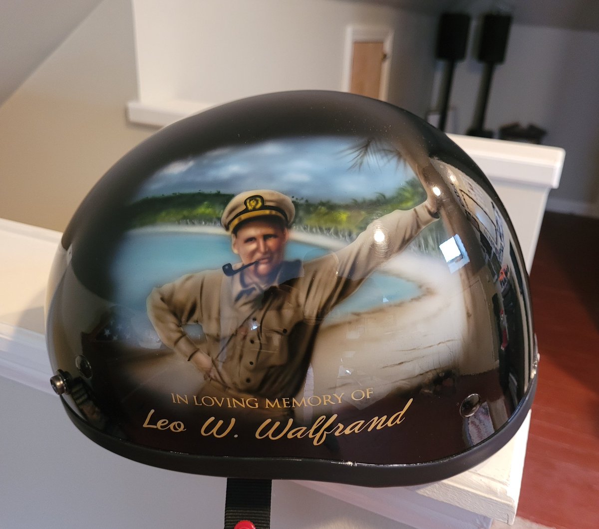 Walz625's tweet image. Amazing work by #LeftHandLiquids on my motorcycle helmet. Made this from pics my dad took during the Korean War. Thanks John. #USSWISCONSIN